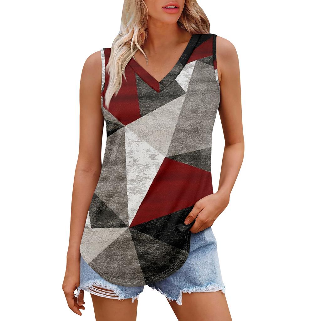 Женская майка с V-образным вырезом и принтом, повседневная майка, свободный крой, топы без рукавов, струящиеся