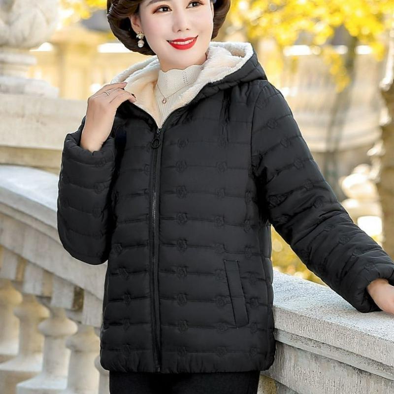 Brand Women's Autumn and Winter Coat Short Printed Hooded Solid Color Plus Fleece Padded Jacket