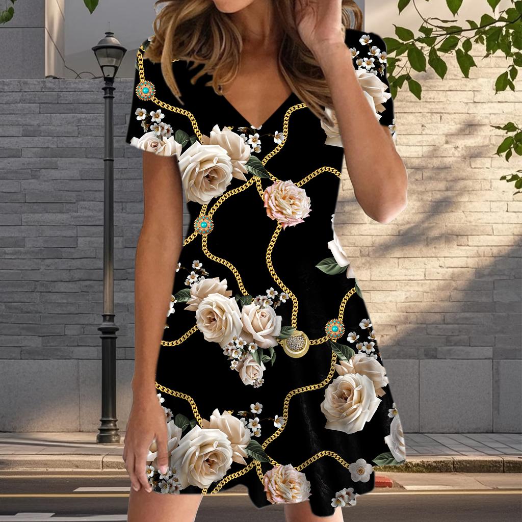 Летняя мода женские V-образный вырез короткий рукав роза принтованное платье сексуальные короткие юбки платья