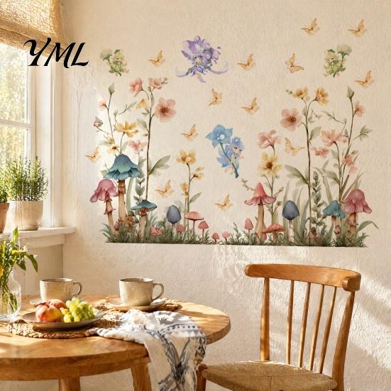 Waterproof PVC Window Clings for Glass 2Pcs Flower Fairy Wall Sticker, Flowers Butterfly And Mushroom Decal, Easy Apply Decals Watercolor Peel