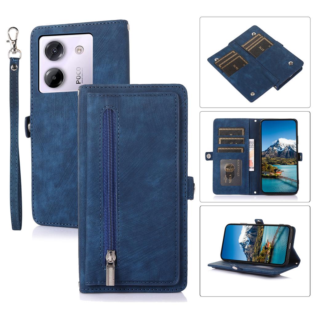 Чехол для Xiaomi Poco M7 Pro 5G с карманом на молнии, 9 отделениями для карт, кожаный чехол для телефона из ПУ с ремешком на запястье