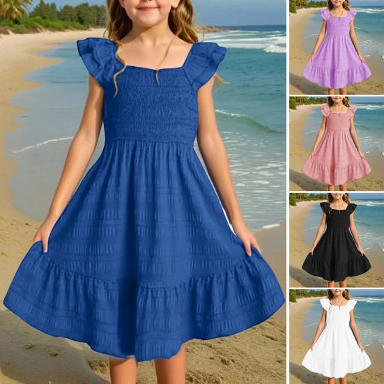 Girls Summer Dress Smocked Ruffle Sleeve Square Neck A-Line Sundress Cute Princess