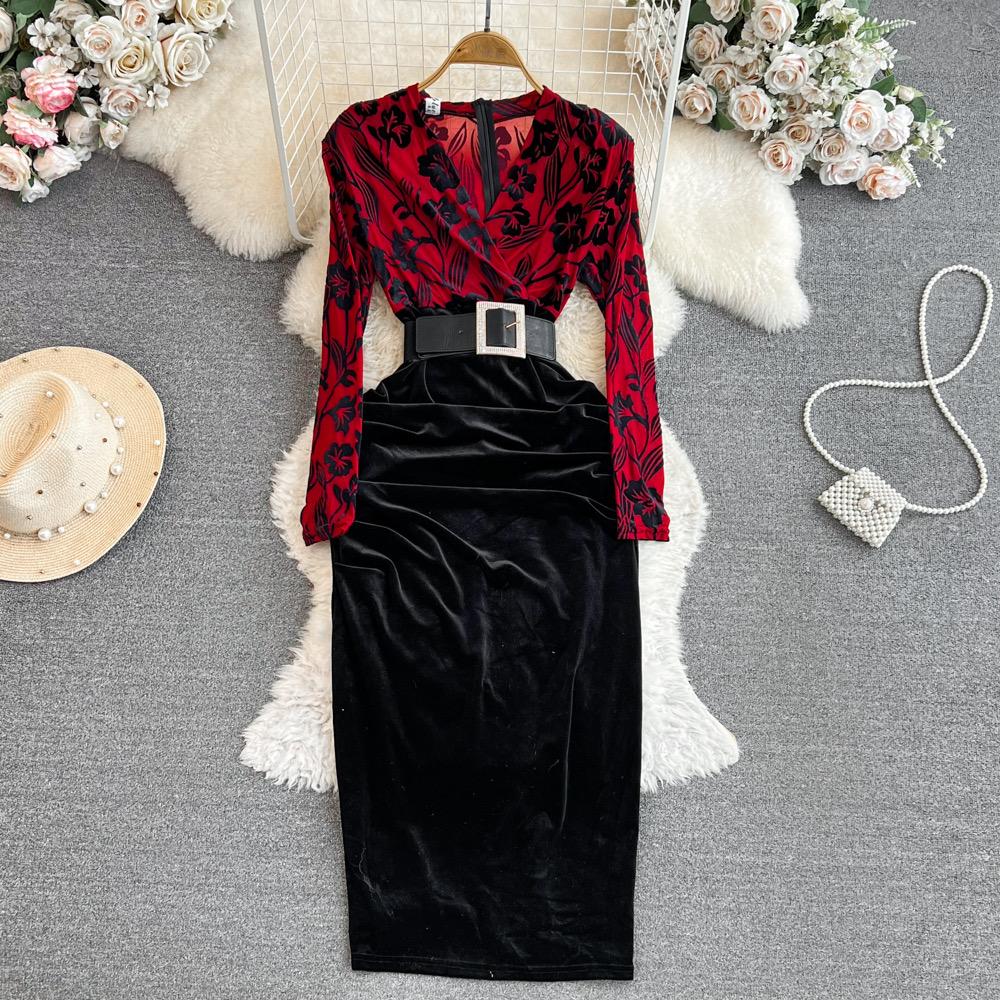 Autumn New Style of Celebrity Temperament V Neck Bronzing Printing High Waist Fold Stitching False Two Bag Hip Dress