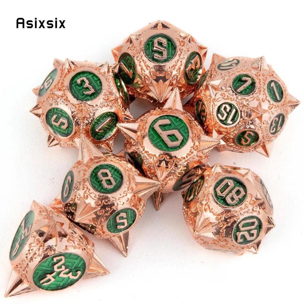 7 Pcs Copper Green Meteor Hammer Metal Dice Solid Metal Polyhedral Dice Set Suitable for Role-Playing RPG Board Game Card Game