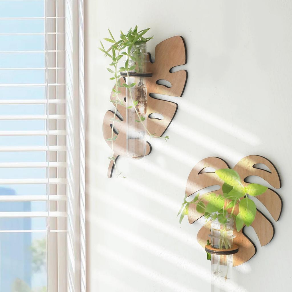 1/2 Pcs Leaf Shape Wall Planters Wooden Wall Hanging Plant Pots with Test Tube Vase Indoor Propagation Station Home Garden Decor