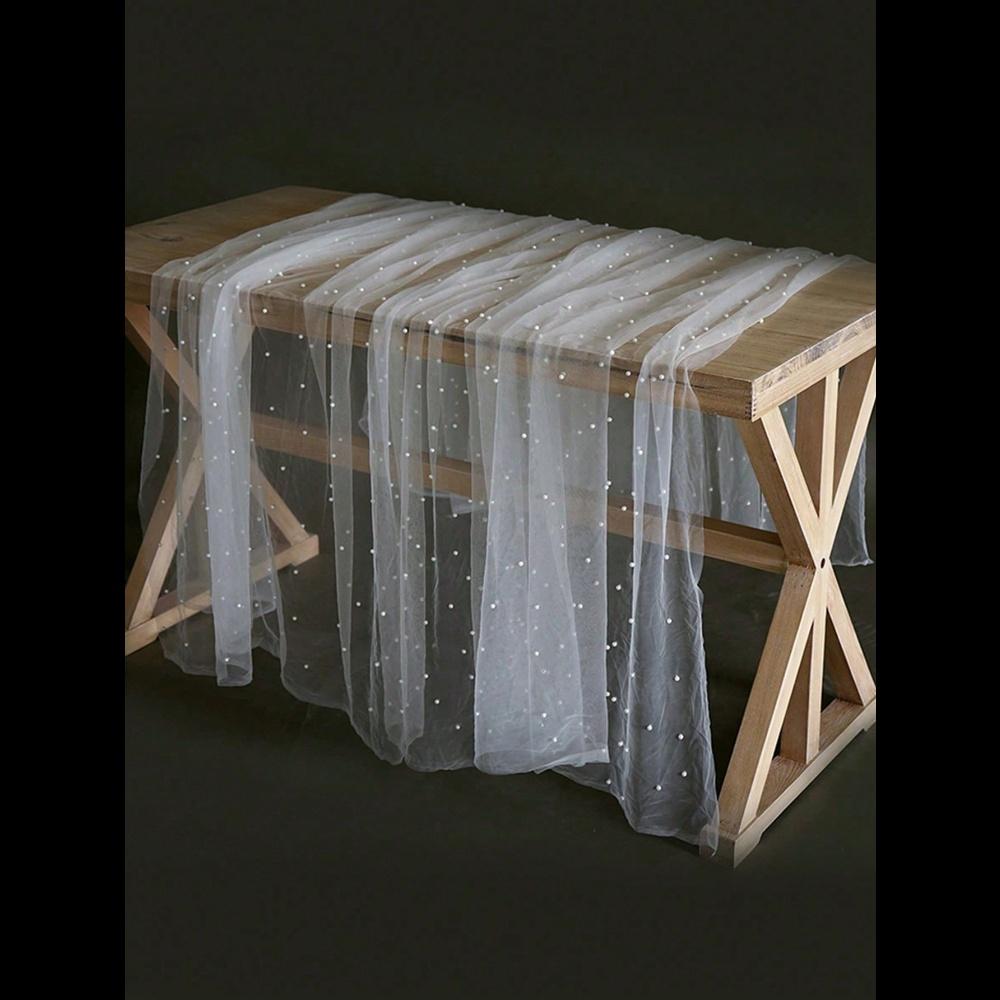 1 шт. Фон для фотосъемки торта, Мягкая тюлевая ткань-занавес, Органза с искусственным жемчугом, Скатерть для десертного стола, Белый кружевной фон в сказочном стиле, Реквизит