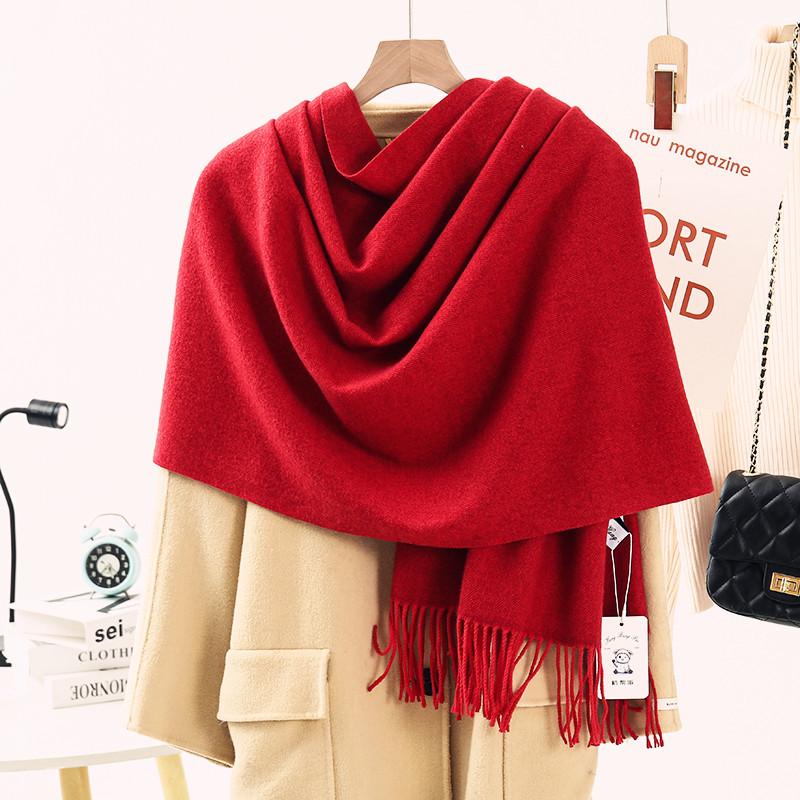 Women's Warm Wool-Feel Faux Cashmere Scarf - Thick, Plain Color Shawl for Autumn/Winter