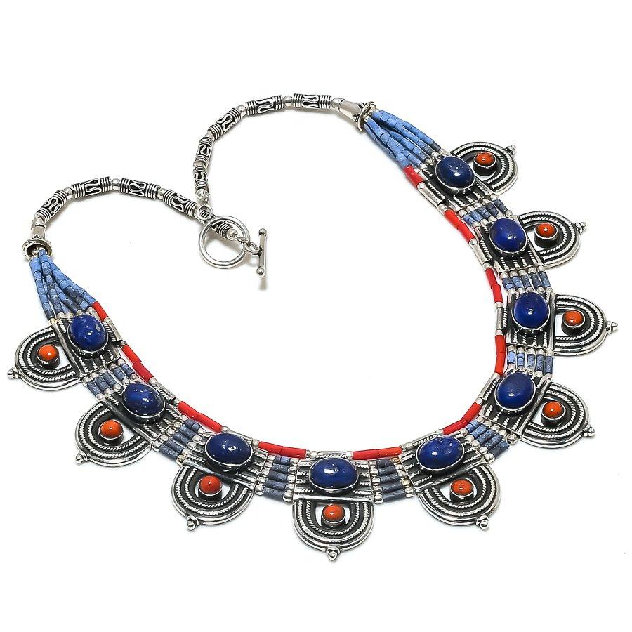 Ожерелье из натурального лазурита и коралла из стерлингового серебра 925 пробы 18 дюймов D1V68