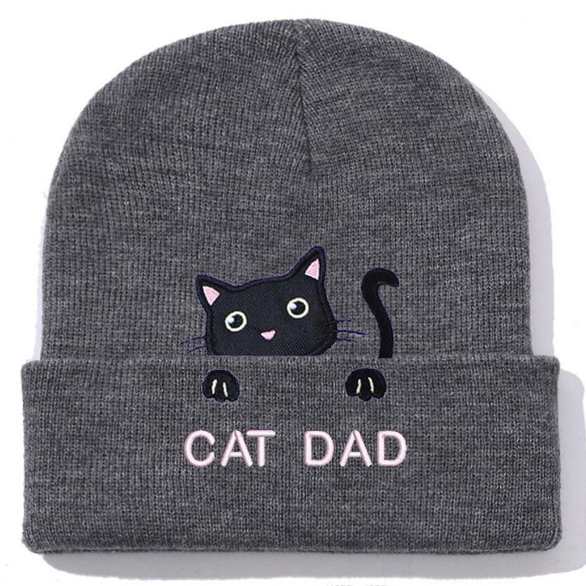 Kitten cat mom dad embroidery flower knitted hat wool hat outdoor cycling warm hat