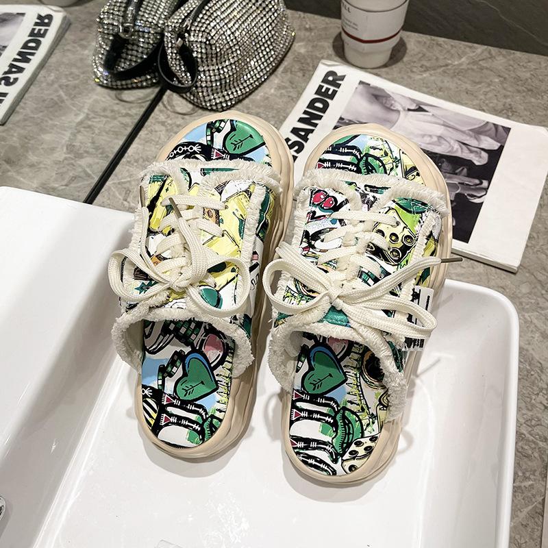 Дизайнерские летние женские тапочки на платформе, мюли с граффити, шлепанцы, уличные сандалии, сабо, повседневная обувь на плоской подошве для женщин