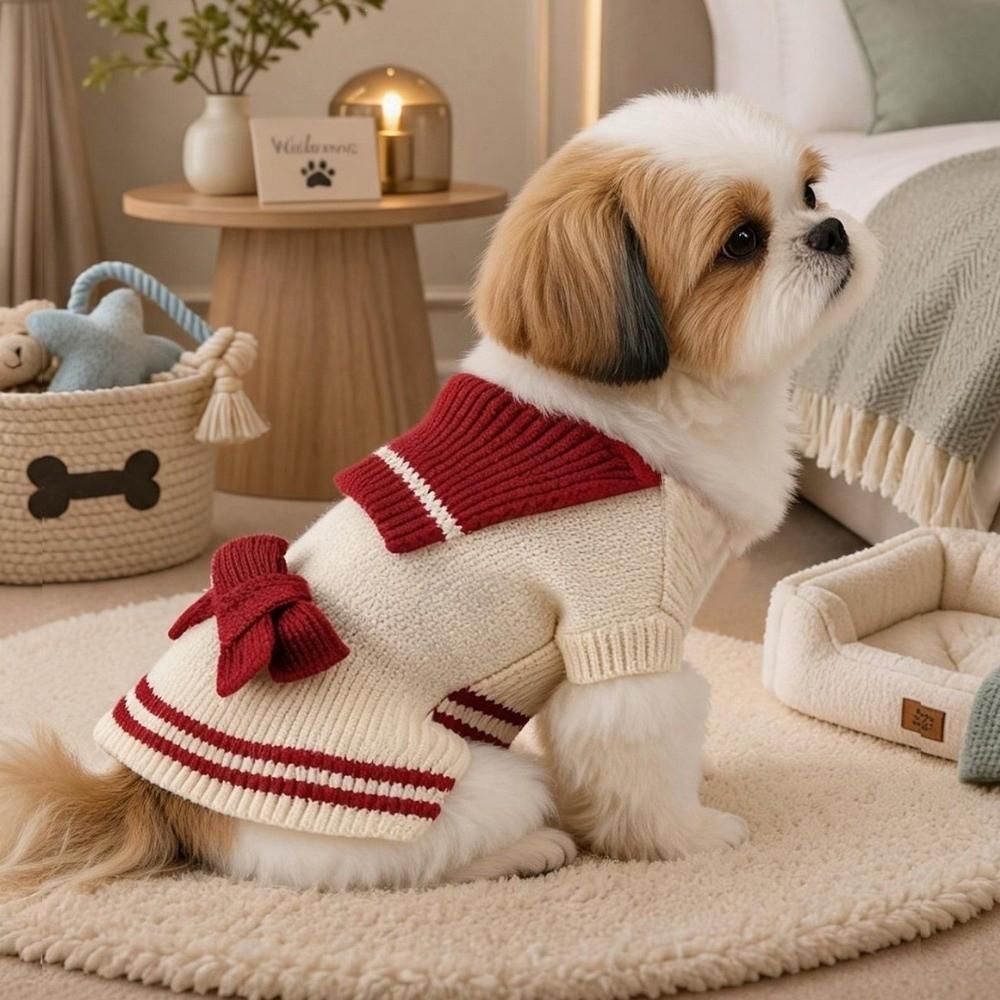 Warm Dog Sweater Dress Cozy Dog Knitted Dress Cute Striped Dog Sweatshirt Autumn Winter