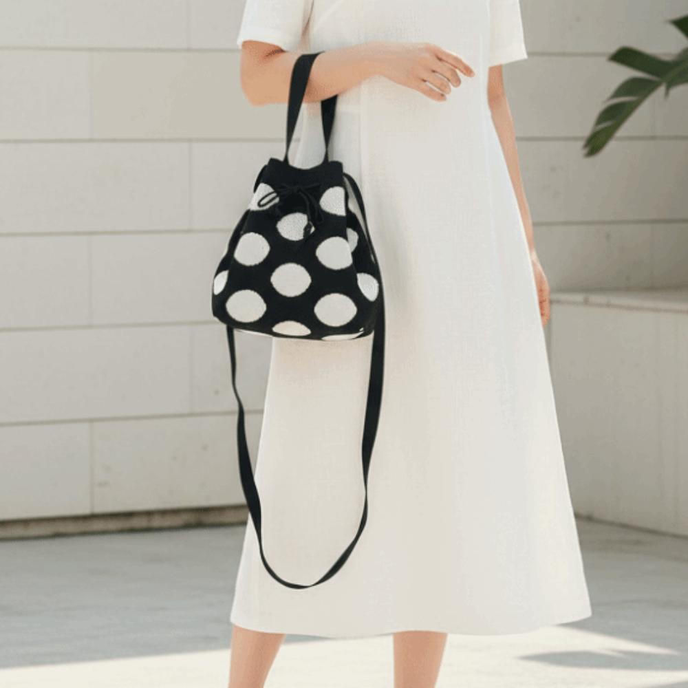 Lightweight Polka Dot Bucket Bag Patterned Drawstring Purse Shoulder Satchel Knit Tote Beach