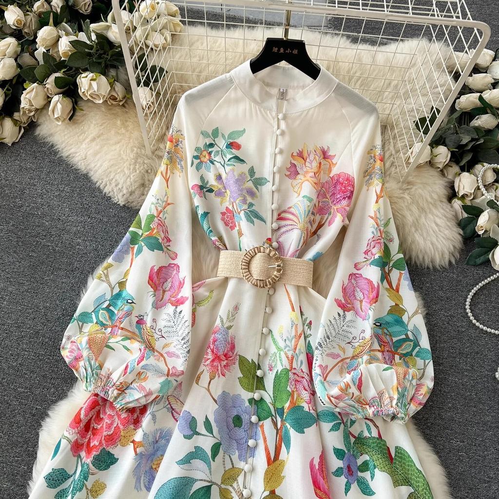 Plus Size Elegant Floral Print Holiday Beach Long Maxi Robe Dresses Women Spring Summer Stand Lantern Sleeve Sashes Robes