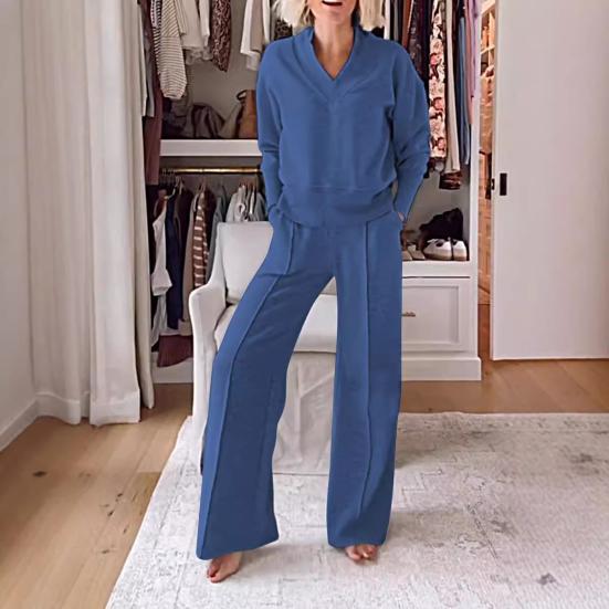 2 шт./комплект женский топ брюки комплект V-образный вырез длинные рукава свободная толстовка эластичный пояс широкие спортивные штаны спортивный наряд осенний повседневный спортивный костюм