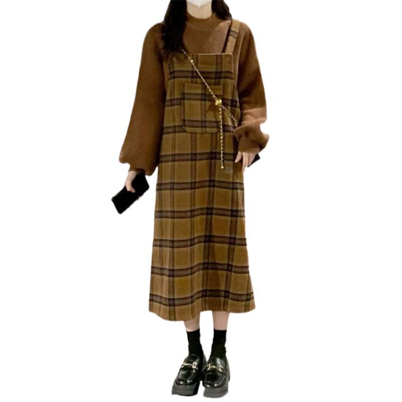 Сладкое соленое платье-сарафан в клетку с цветными блоками и комплект свитера с длинным рукавом для весны/осени