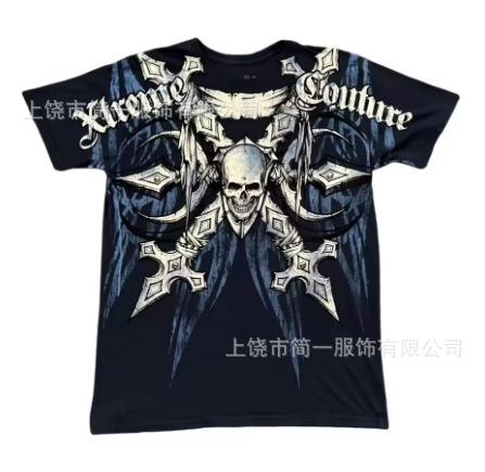 Summer Men's Fashion Skull Letter Printing Trend Slim Fit Casual 3D Digital Printing Short Sleeve Top