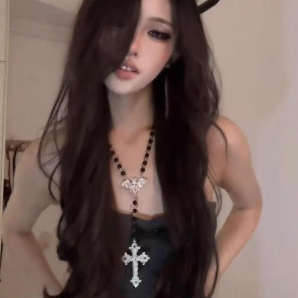 Ожерелье с крестом из бисера Y2K - европейский и американский стиль, дизайн в виде черной летучей мыши, классная цепочка на ключицу