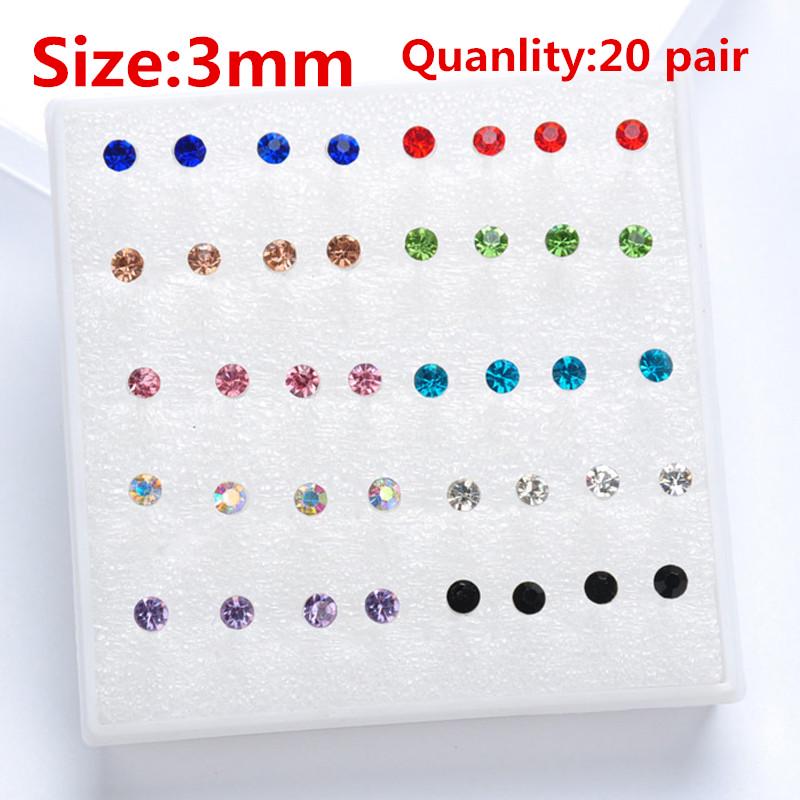 Модные разноцветные серьги для девочек, 20 пар в упаковке, серьги-гвоздики со стразами, модные милые женские серьги-гвоздики с кристаллами