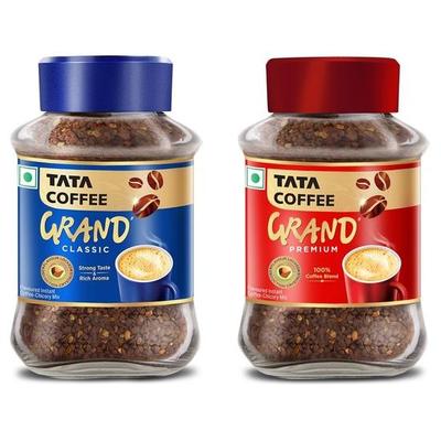 Растворимый кофе Tata Coffee Grand Premium|Банка 100 г, Порошок и Растворимый кофе Tata Coffee Grand Classic|С кристаллами декокции с зафиксированным вкусом | Банка 95 г
