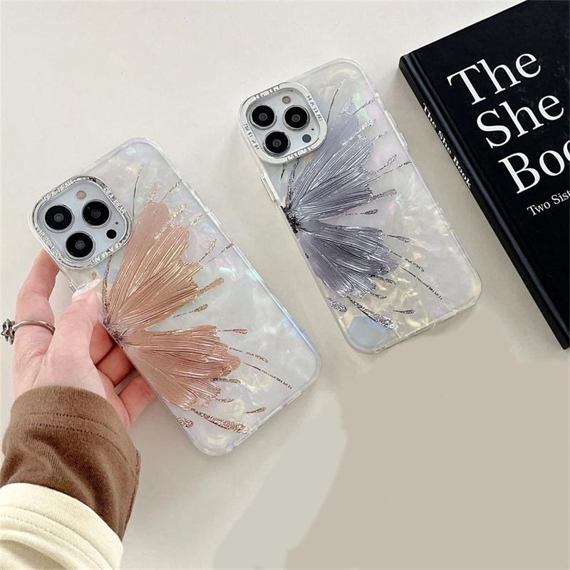 Роскошный корейский чехол для телефона с блестящим узором в виде ракушки бабочки для iPhone 15 14 13 12 Pro Max 11, защитный бампер для объектива