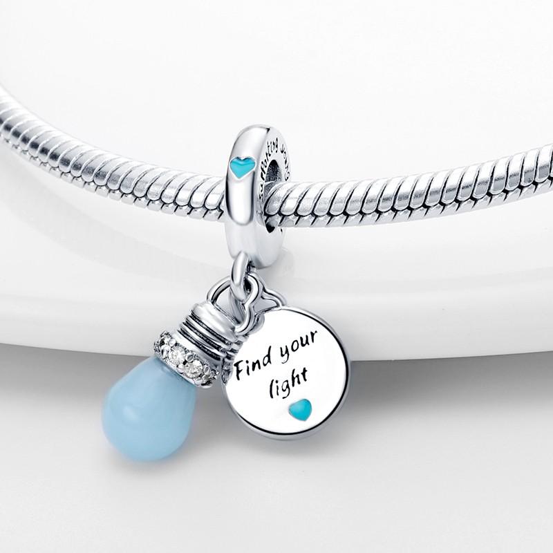 925 Silver Glow in the Dark Light Blue Bulb Charm Bead DIY Jewelry Fit Bangle Bracelet Necklace Dangle