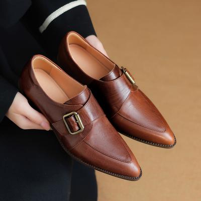 Модные женские новые остроносые ретро металлические пряжки для ремня из натуральной коровьей кожи, на среднем каблуке, большие оксфорды, одинарные туфли