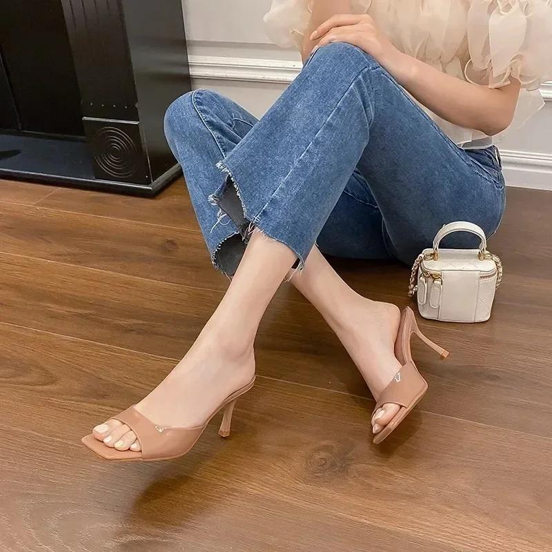 Summer Women Open Toe Slippers Square Thin Heel Slip On Mules Outdoor Dress Office Ladies Heeled Sandals