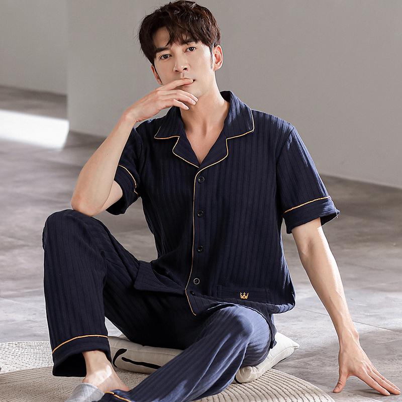 Летняя мужская пижама с коротким рукавом и длинные брюки, мужская домашняя одежда, кардиган больших размеров из хлопка для папы среднего возраста, пижама для мужчин