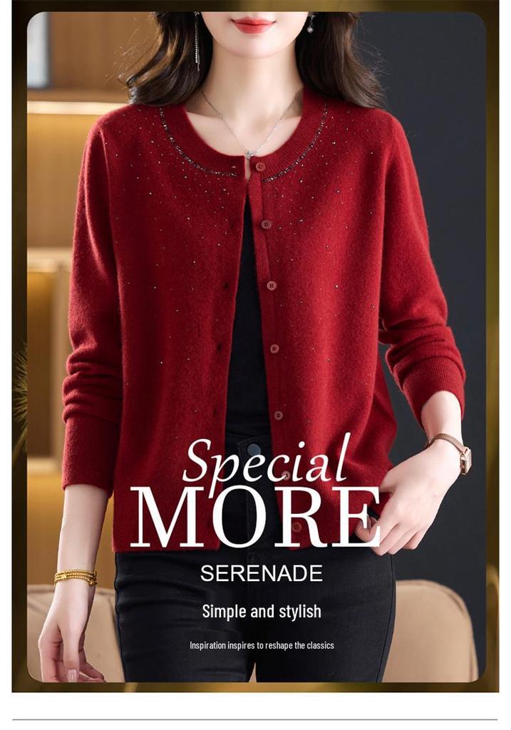 Women's Pure Wool Knit Cardigan - Spring Fashion Casual Round Neck Sweater for Middle-aged Mothers, Autumn/Winter Outerwear