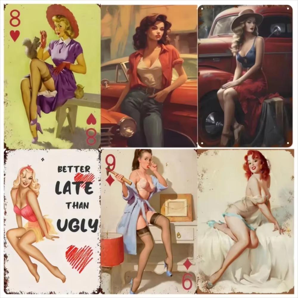 Преобразите свой интерьер с элегантностью: 1шт Винтажное металлическое настенное искусство, украшенное сексуальными женщинами, подойдет для любого бара