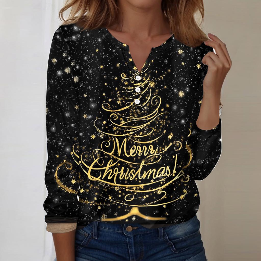 Women's Fashion Casual V-Neck Long Sleeve Decorative Button Christmas Print Top