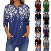 3/4 Length Sleeve Womens Tops Summer T-Shirts Floral Print V Neck Casual Basic Tee Button Shirts Tunic Tops
