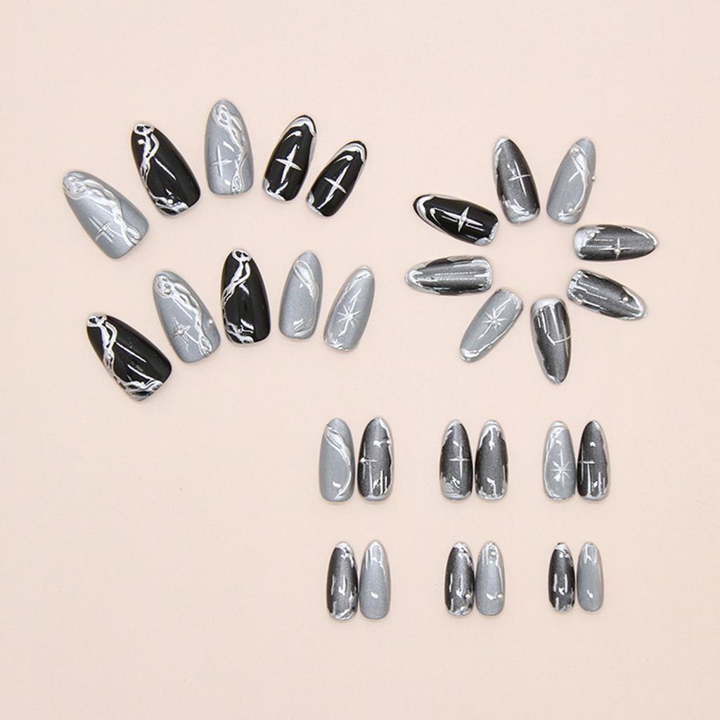 30Pcs Cat-Eye Fake Nails Starry Glitter Irregular Almond Shape Fake Nails for Women