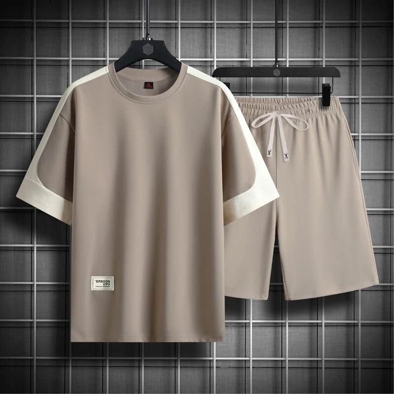 Летние черно-белые спортивные костюмы для мужчин, футболка с рукавами + шорты, спортивная одежда, спортивный костюм