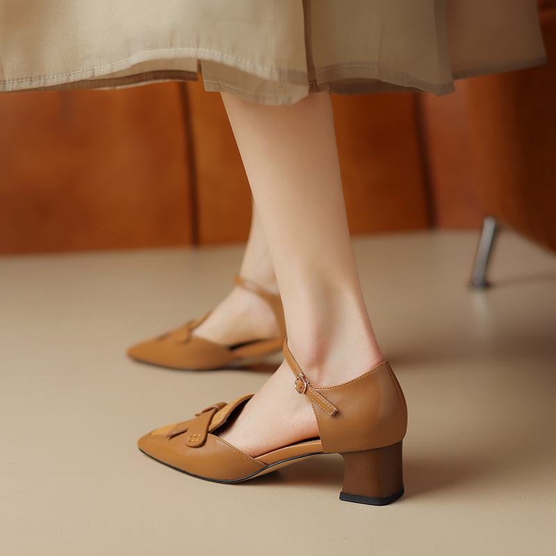 Осенне-летняя обувь из коровьей кожи с квадратным носком и конским волосом на среднем каблуке, женские туфли-лодочки на плоской подошве в лаконичном стиле с дизайном «бабочка» и ремешками на щиколотке