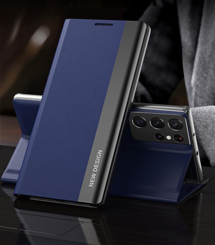Для Samsung Galaxy S21 Ultra 5G Боковая гальванизированная магнитная ультратонкая горизонтальная кожаная книжка с держателем