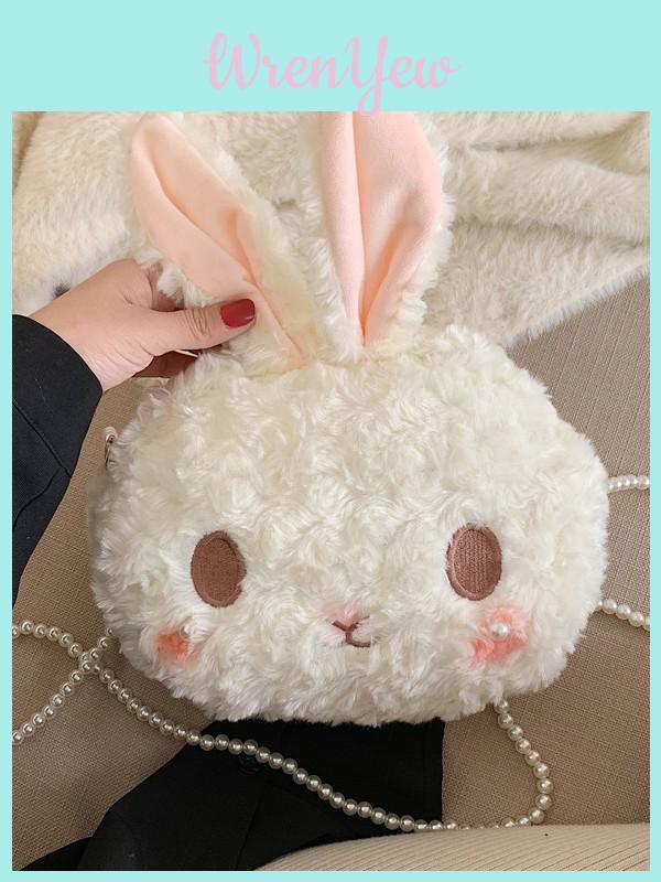Cartoon Rosy Bunny Plush Shoulder Bag With Zipper Closure For Leisure Outings