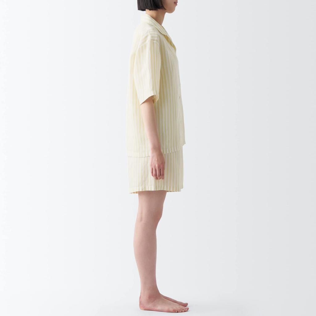 MUJI Natural Lyocell Linen Pajamas FDB06A3S Light Yellow Stripe Size S Cool-to-the-Touch Short-Sleeve Women's