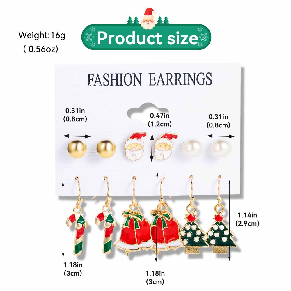 6 Pairs Ladies Christmas Series Earrings With Santa Claus Zircon Pattern Fashionable And Cute Cartoon Alloy Earrings Accessories