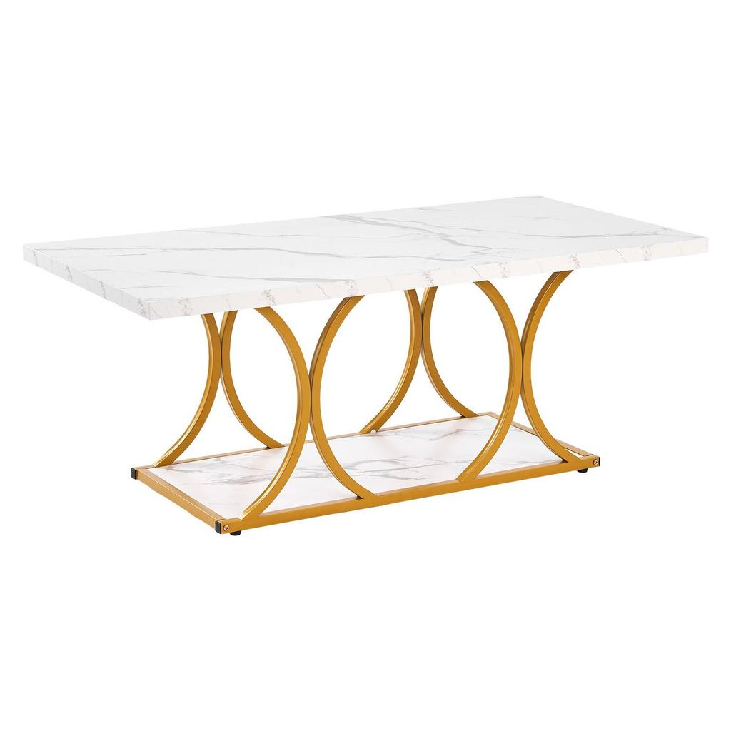 Coffee Table, Modern Faux Marble Coffee Table, Large 2-Tier Rectangle Center Desk with Geometric Legs, Minimalist Sturdy Metal Frame Accent End Desk