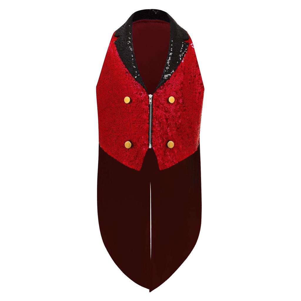 Boys Sparkly Sequins Medieval Vest Front Zip Victorian Waistcoat Circus Tailcoat Halloween Costume