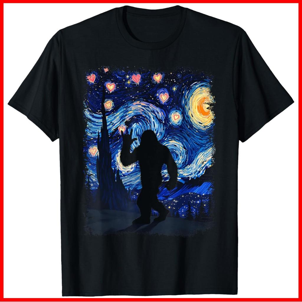 Valentine Van Gogh Starry Night Bigfoot Sasquatch Lover Black Cotton T-Shirt