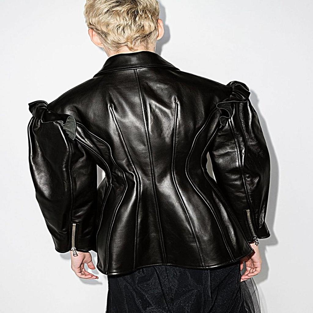 NOORA Женская натуральная черная кожа ягненка, стиль с оборками, косуха, ПУХОВЫЕ РУКАВА, новый стиль, куртка для свидания в кафе, подарок для девочек