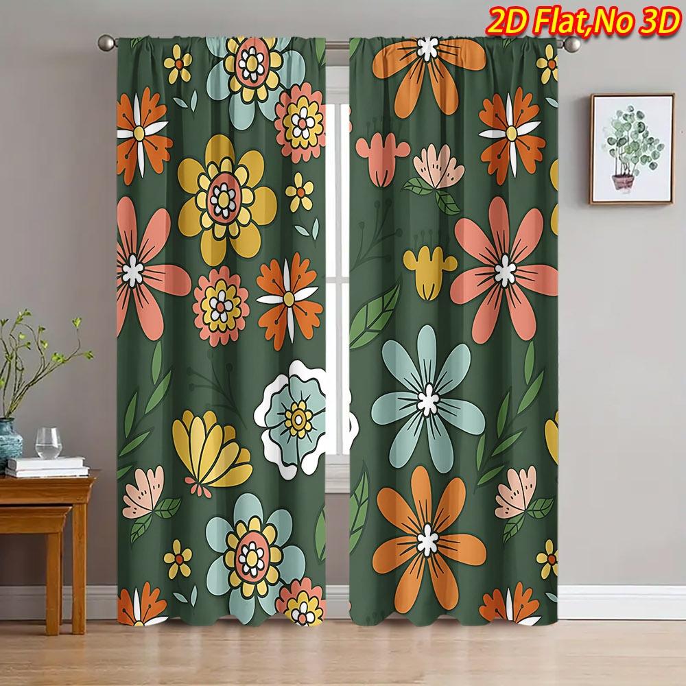 2D Flat Print Colorful Retro Floral Curta Polyester Machine Washable Bedroom Living Room Kitchen Mid-Century Decor Drapes