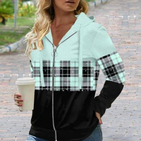 Осенние женские толстовки с капюшоном, модная куртка-кардиган с клетчатым узором на молнии и планкой, обычная посадка с длинными рукавами, повседневное пальто с капюшоном, весенне-осенняя женская одежда