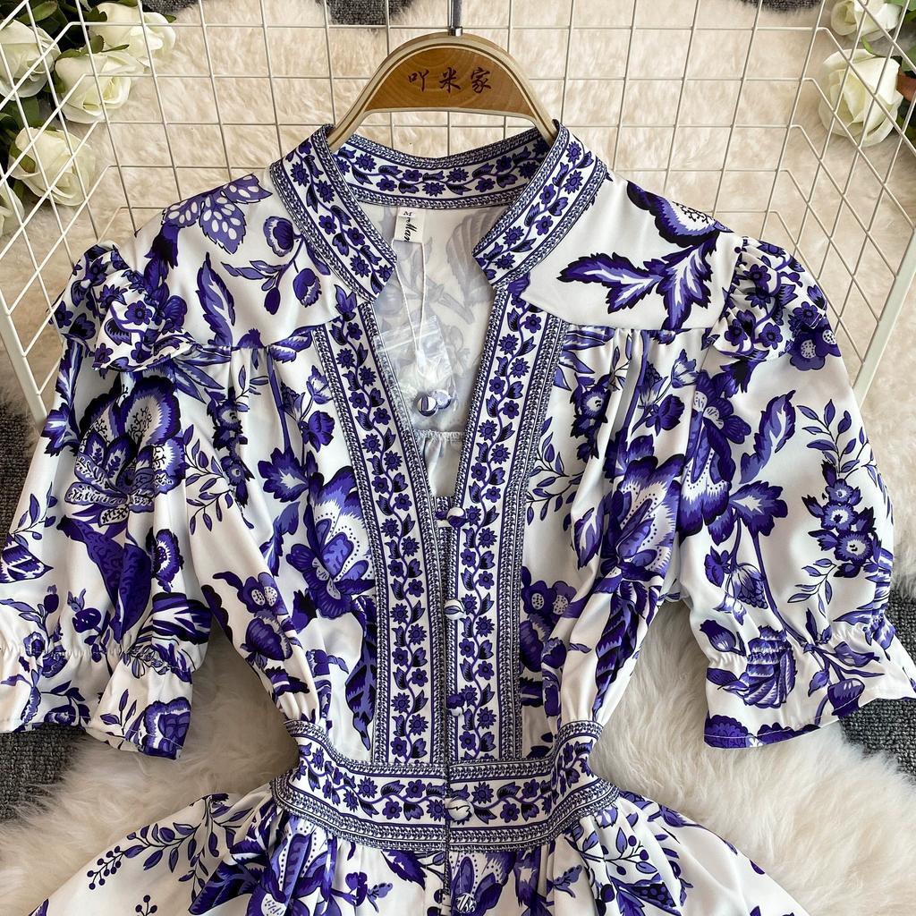 Летнее женское дизайнерское винтажное платье с принтом, элегантное однобортное вечернее платье с v-образным вырезом