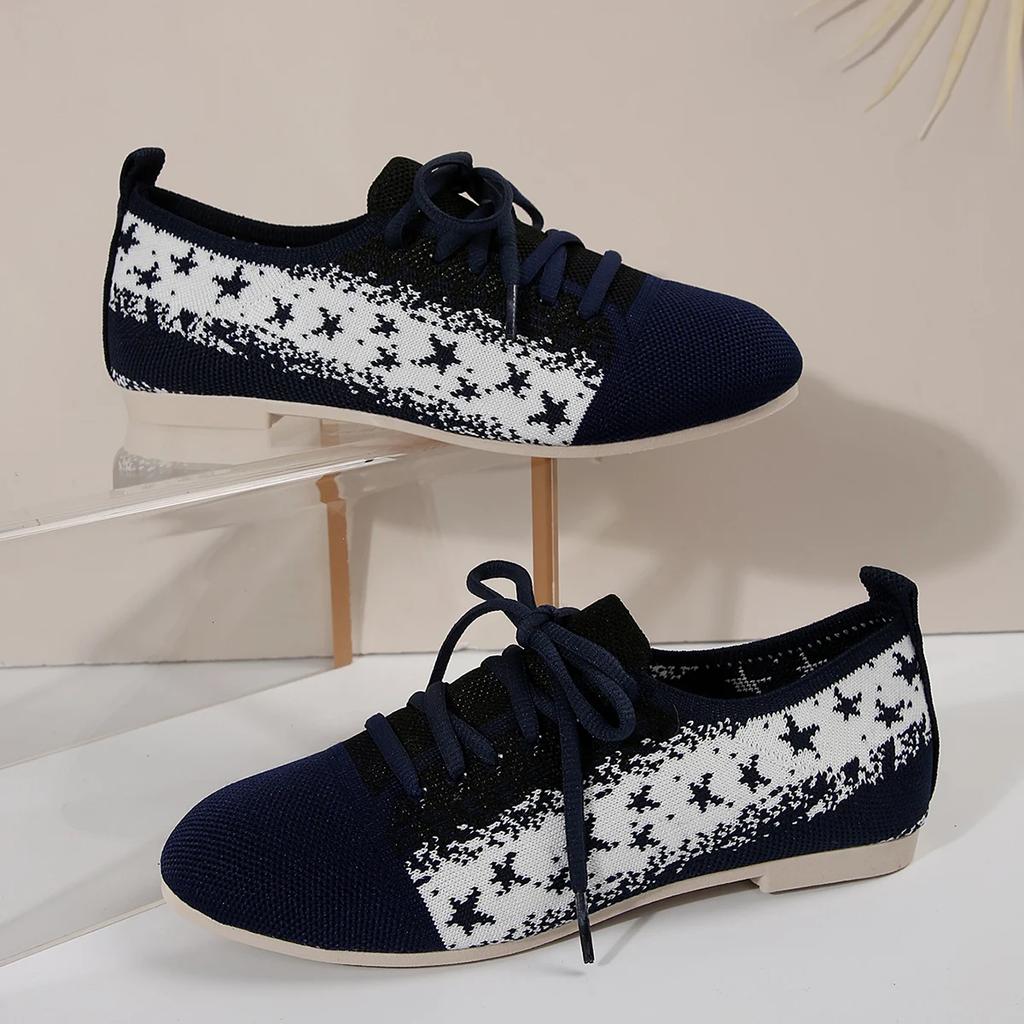 Women's Round Toe Flats Shoes Women Fashion Autumn Casual Lace-up Shoes Knitted Mesh Breathable Flat Shoes Woman Sneakers