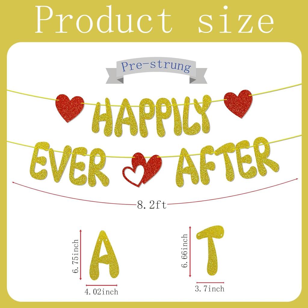 Happily Ever After Glitter Banner, NO-DIY,Bachelorette Wedding Party Banner Bridal Shower Banner Gold, Wedding Engagement Party Supplies