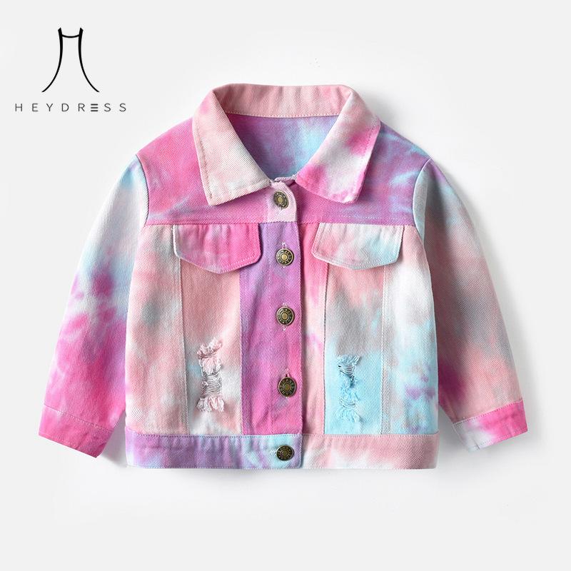 Корейский стиль, разноцветная короткая джинсовая одежда с принтом тай-дай, новая детская джинсовая куртка с длинными рукавами и лямками