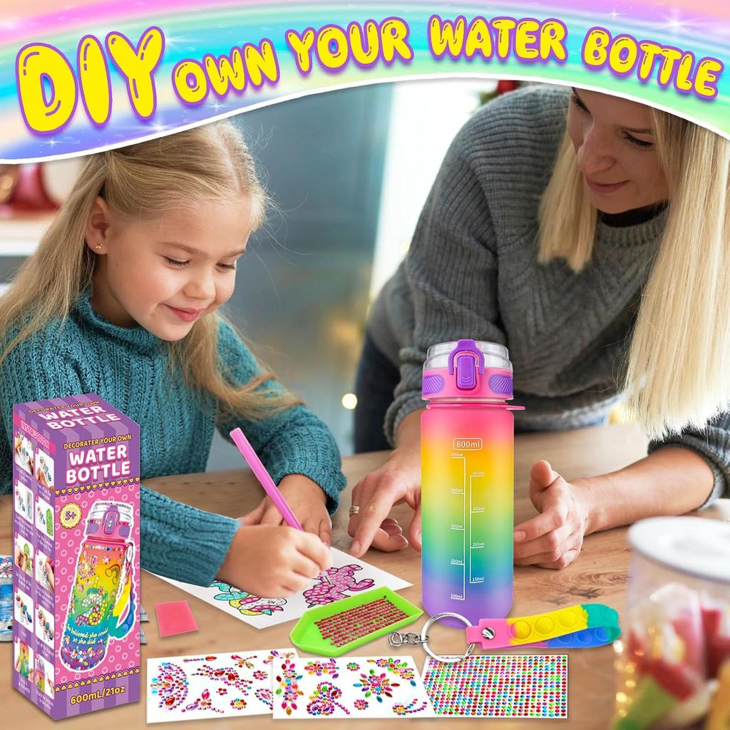Creative DIY Gemstone Sticker Water Bottle for Kids, 600ml Rainbow Unicorn, Reusable Student Thermos, Holiday Gift for Boys & Girls Ages 4-10